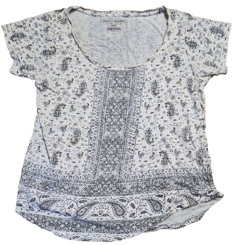 Lucky Brand Boho Paisley Top M Medium Gray Scoop Neck Peasant Festival Chic Soft